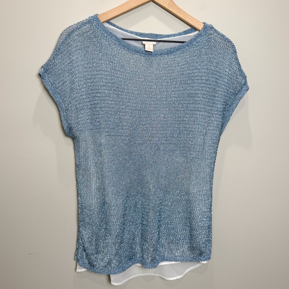 Chicos Blue Metallic Mesh Short Dolman Sleeve Top Shirt L Crossover Back 1 / M